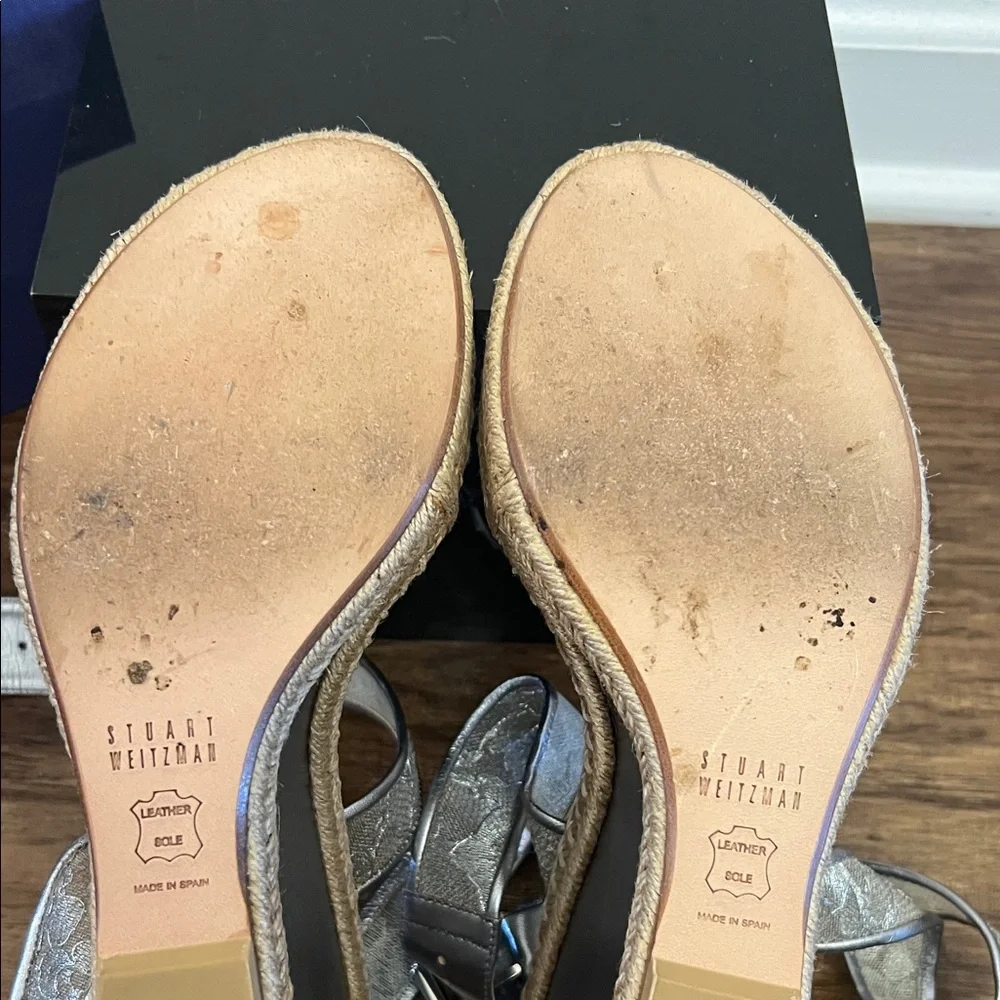 Stuart Weitzman Metallic Silver Espadrille Wedge Sandals - Picture 8 of 9